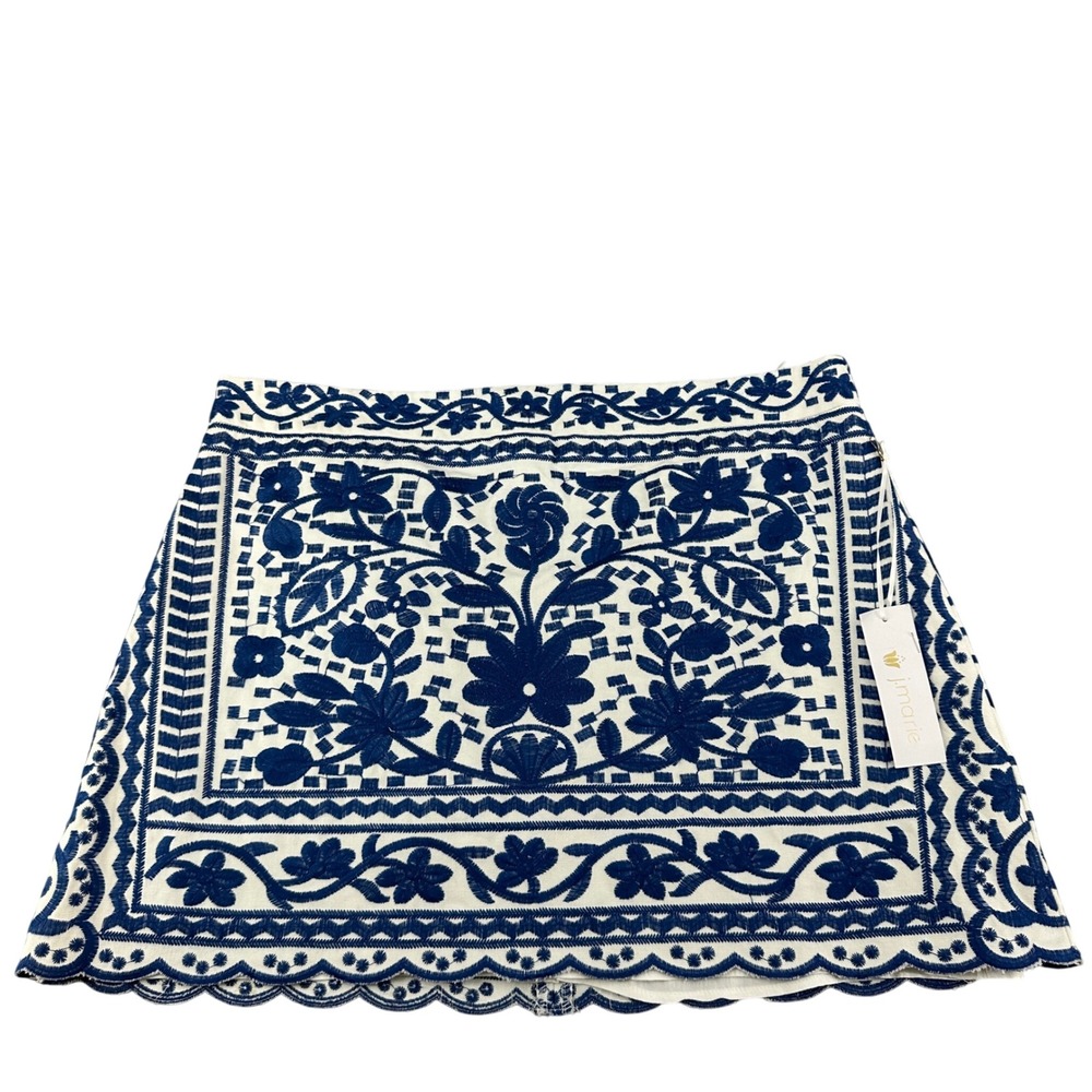 Embroidered White & Navy Floral Mini Skirt